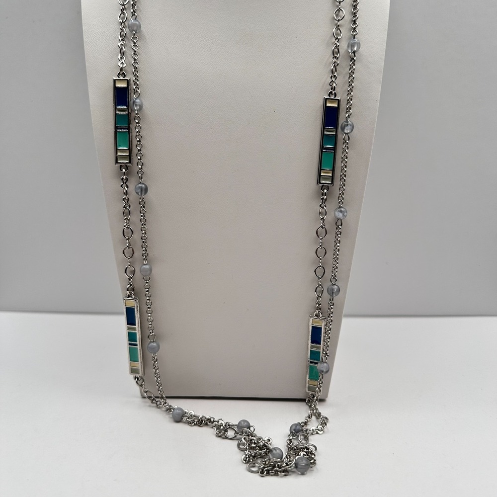 Vintage 90s Silver Tone Necklace Enamel Frosted Grey Beads Long Layering Boho